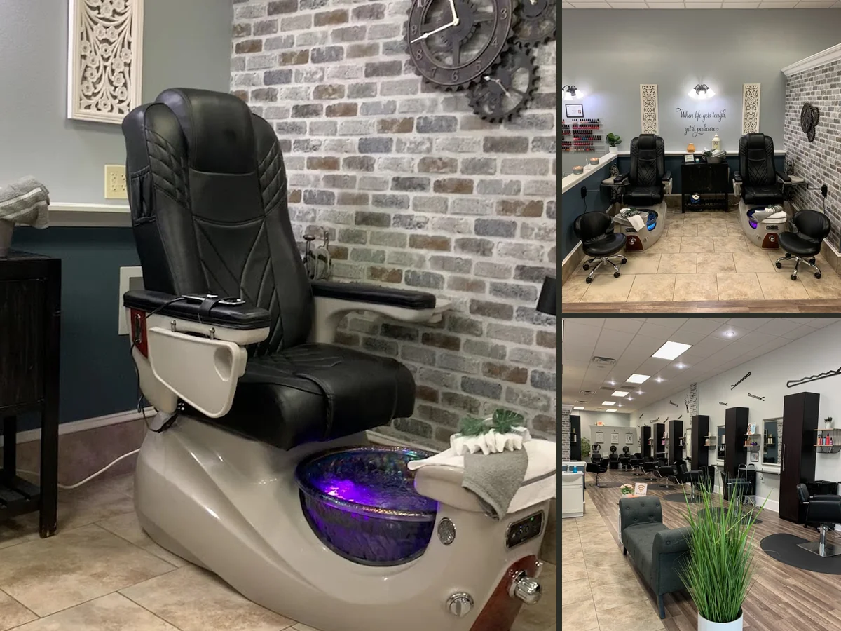 Beauty salon interior with clean, bright workstations.