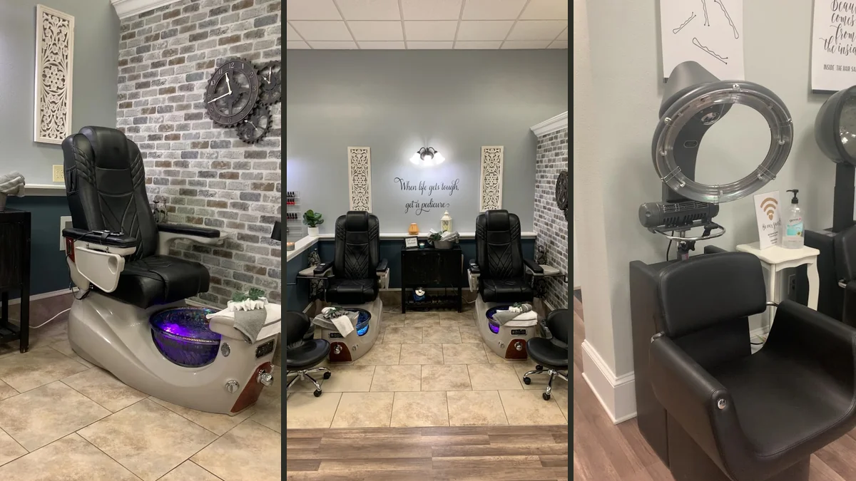 Styling area with hair color products nearby.