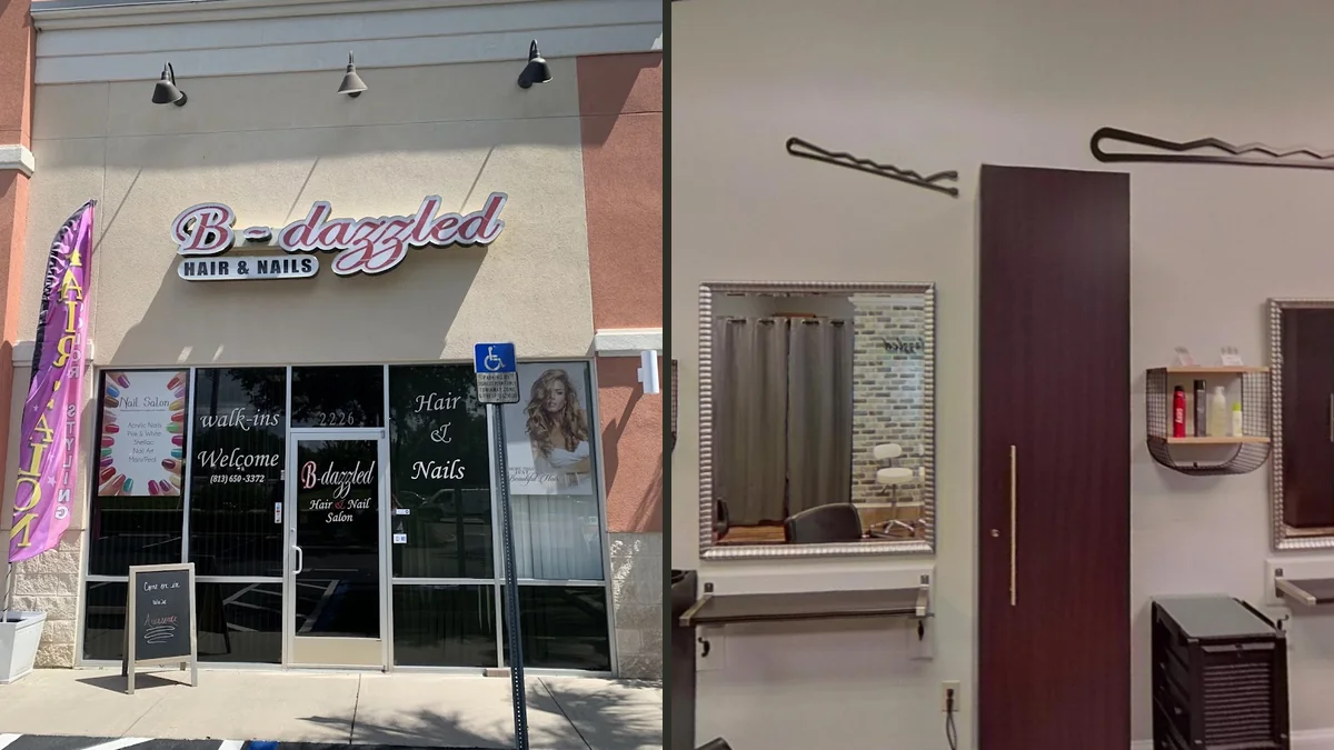 Hair styling station with salon chairs and mirrors.