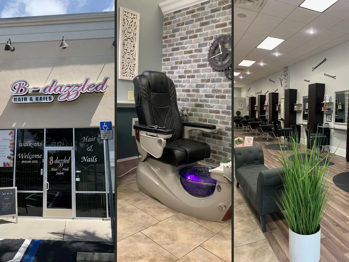 Styling area with hair color products nearby.