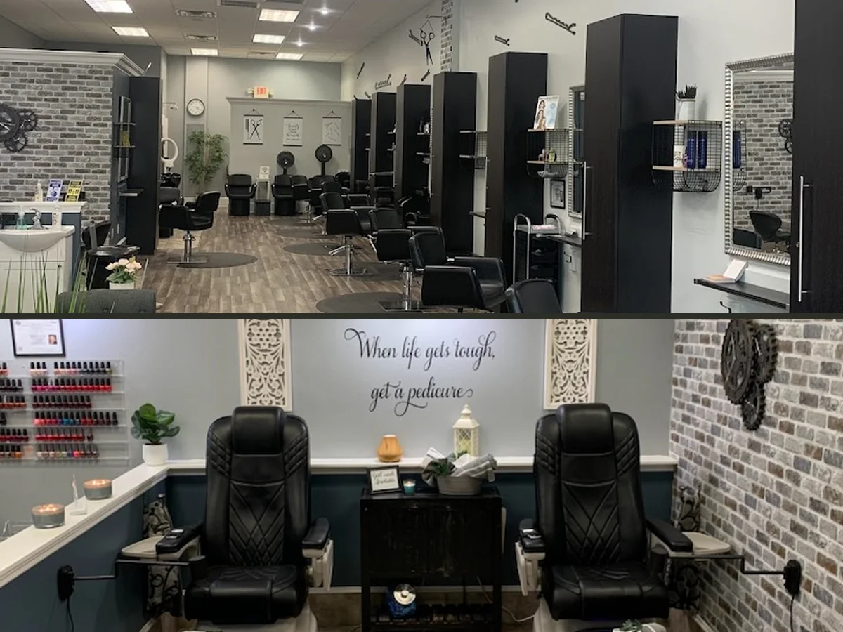 Hair styling station with salon chairs and mirrors.