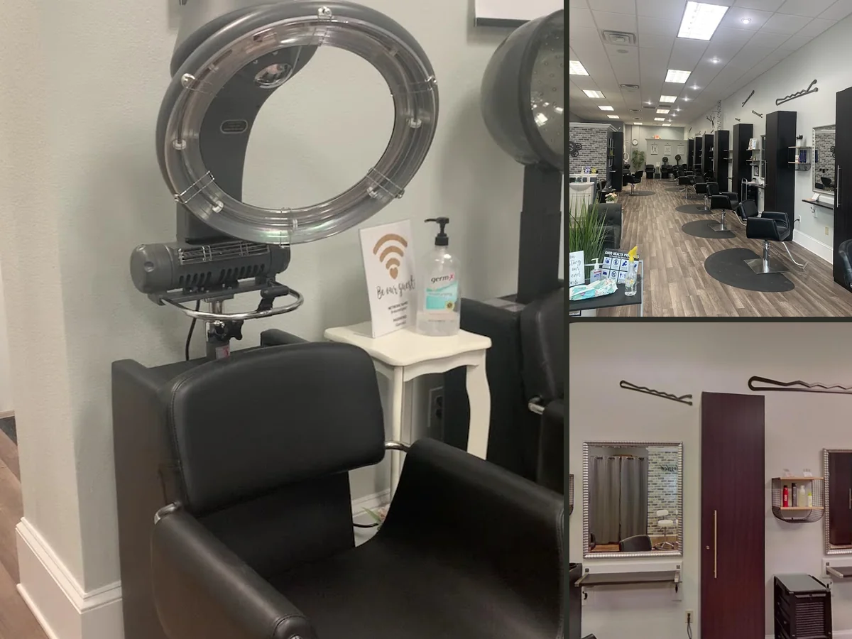 Styling area with hair color products nearby.