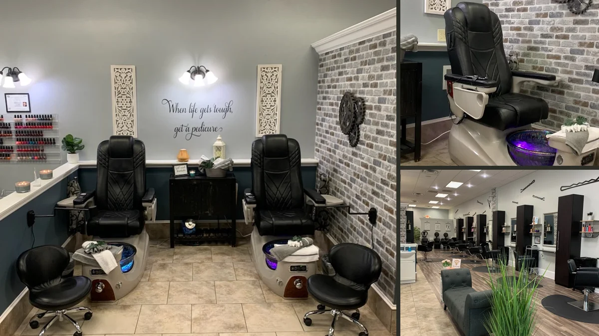 Hair styling station with salon chairs and mirrors.